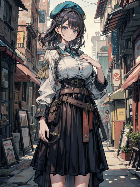 ideal ratio body proportions, perfect anatomy, correct body, earring, huge breasts, narrow waist, short hair, black hair, wavy hair, hair behind ear, half updo, looking at viewer, sweat, cowboy shot, outdoor, beret, skirt, military uniform,