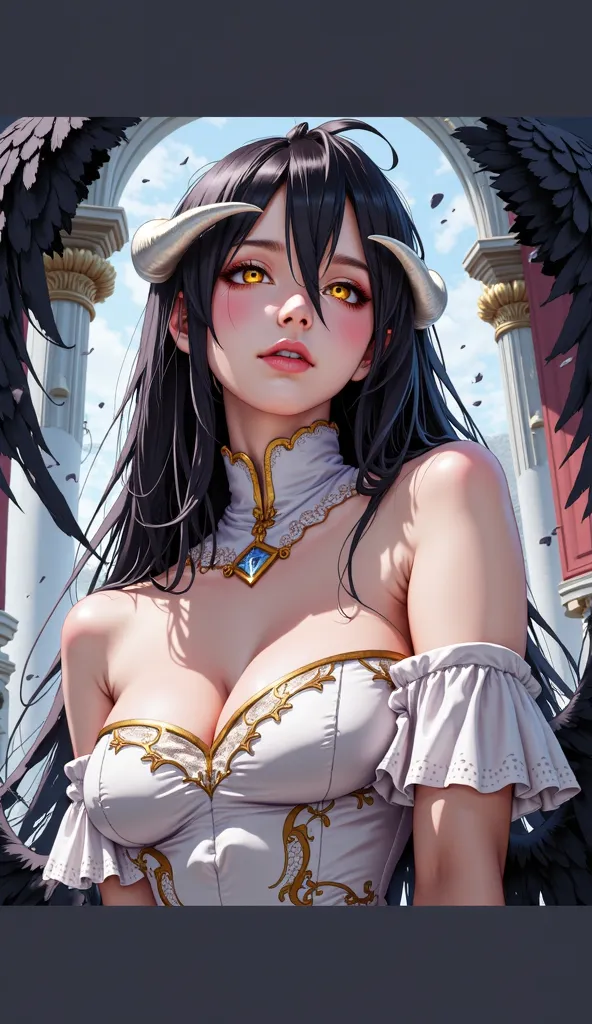 //Quality,
masterpiece, best quality, detailed
,//Character,
1girl, solo
,//Fashion,
,//Background,
,//Others,
,Albedo \(overlord\), 1girl, long hair, black hair, hair between eyes, golden eyes, slit pupils, white horns, curved horns, fallen angel,  white ...