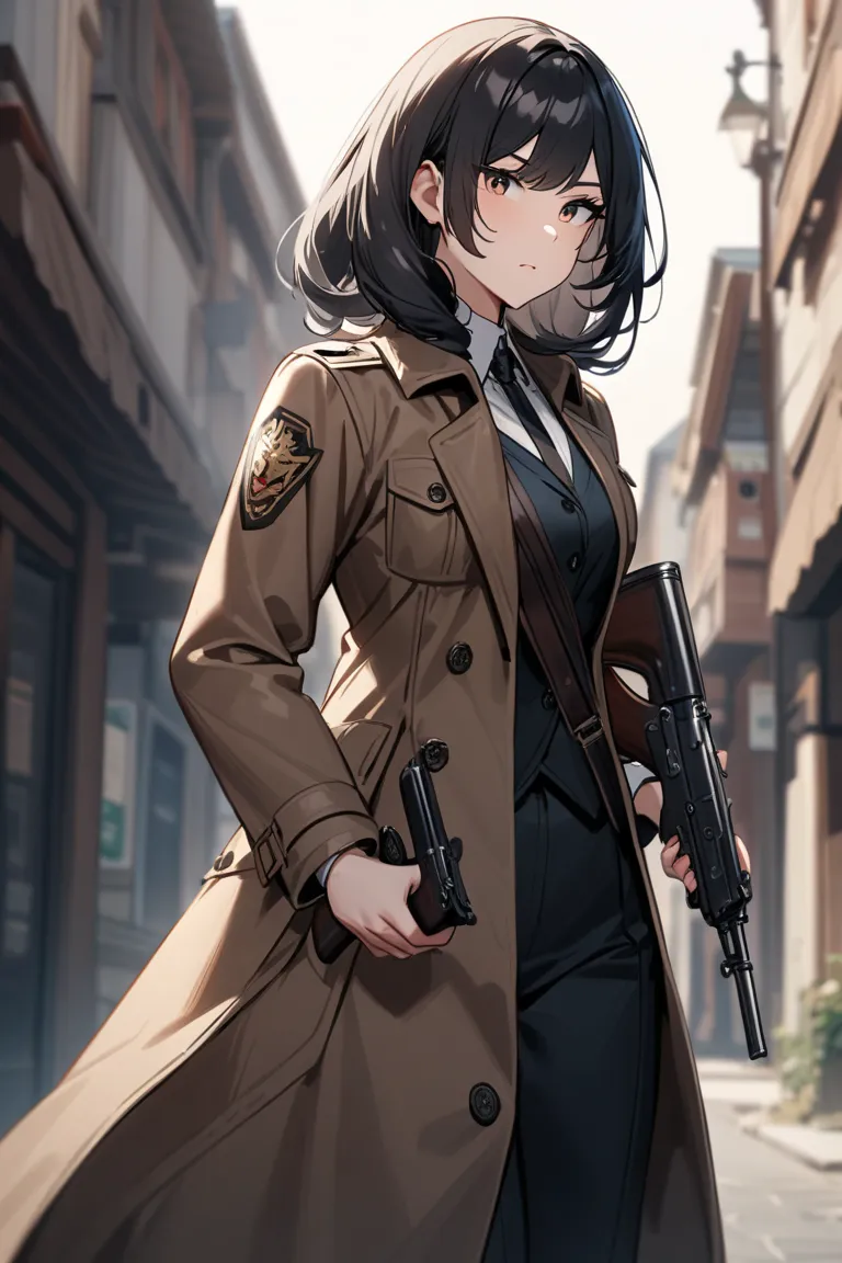 A beautiful Russian girl with short black hair and a long trench coat holding AK-47 