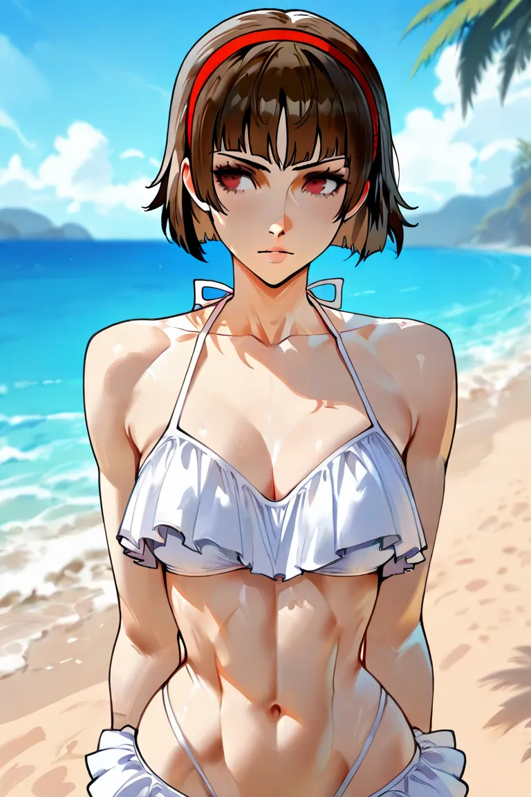 Makoto Niijima, HD, 1girl, narrow waist, flat and toned stomach, stern, white bikini with frills, at beach, hoodedeyes, persona 5, persona,