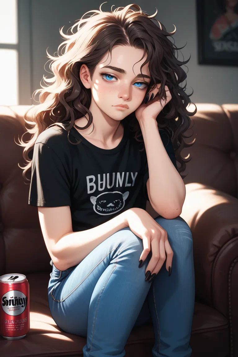 (Solo), 1boy, feminine male, light skin male, brunette, long wavy hair, blue eyes, long fingernails, (stubble), ((smooth torso)), flat chest, black t-shirt, jeans, dark lighting, tired eyes, black nail polish, feminine face, holding can, sitting, elbow on ...