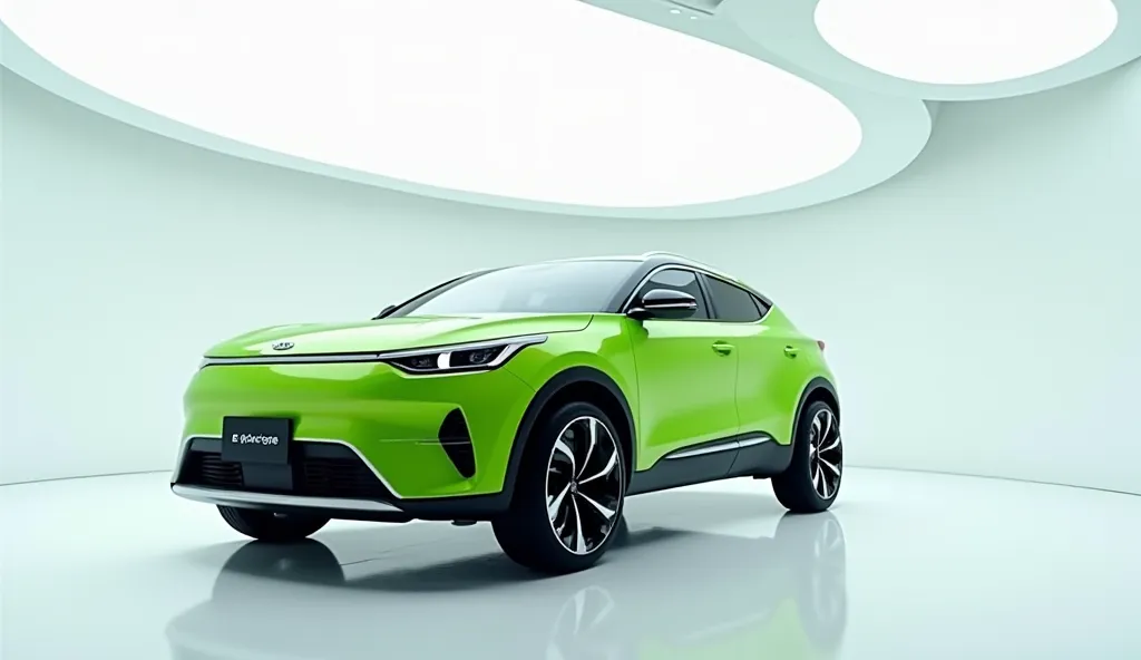  A captivating and futuristic image of theKia sportage 5th Gen is displayed in a luxurious white showroom. The car is painted in a striking vibrant green hue, emphasizing its sleek, aerodynamic design with bold accents that highlight the cutting-edge innov...