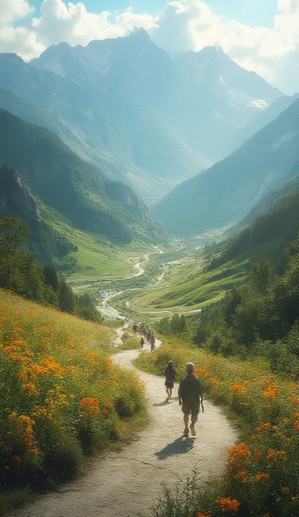 A winding road that crosses various landscapes,  like mountains , forests and flowery fields, representing the different stages of life.  Along the way , people walking, interacting and enjoying the views, symbolizing the importance of valuing every moment...