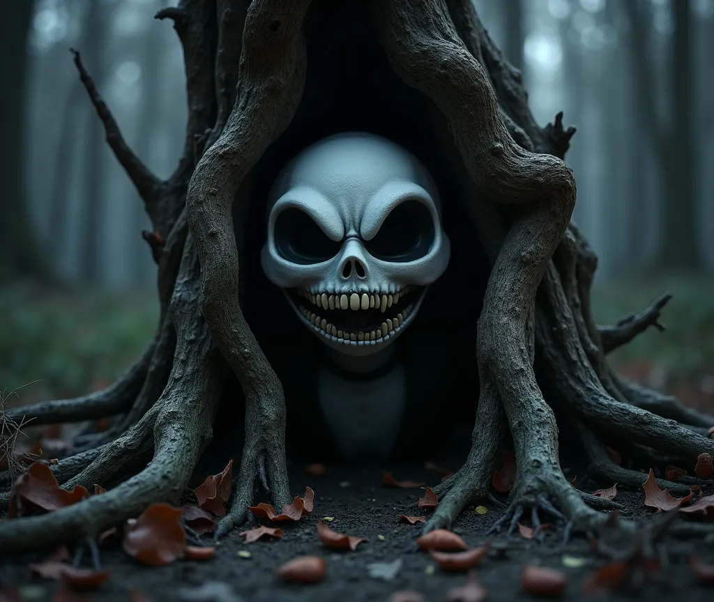 Do Jack Skellington coming out from behind a tree in a creepy way, Jack Skellington's face has to be as faithful as possible to that of the original, But with a scarier expression 