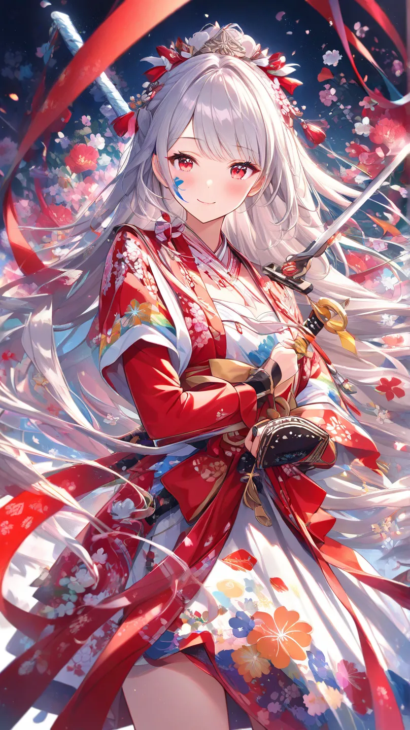  (masterpiece), ( top quality ), ( very detailed),(),(illustration), ( 1 girl)  gently staring ,   Scarlet Eyes with Beautiful Details（wink、close one eye） Delicate beauty,  colorful scattered flowers (Shine),  focus on the face, bungs, flowing hair with ha...