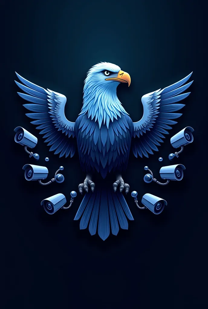 Create a logo with an eagle,  security cameras , with the dominant colors blue and black, and put the name TechFast in the background, Bringing a safety equipment perspective 