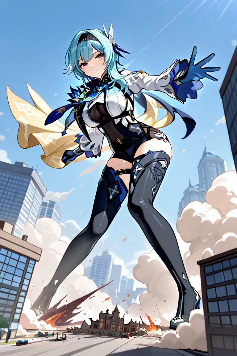 (Genshin impact Eula), (large breasts). (Giantess). (She's reaching to grab a tiny city with her hand). (Outdoors sky-only background). (Buildings being destroyed with dust clouds and fire), (full body).