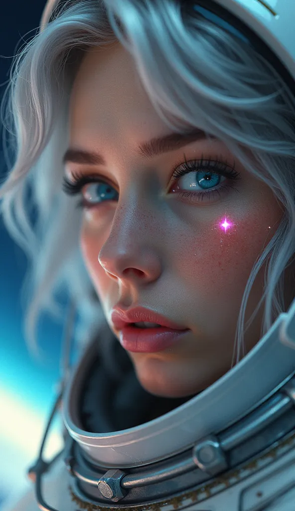 Close-up of an improved masterpiece:1.5)0.9], ( Space and astronauts :1.2) (Messy silver hair:1.1) (heterochromia: xanthochromia and blue eyes :1.2) (space helmet:1.0) (Colored stars in the eyes:1.0) (A radiant glow:1.1) (thick lips:0.9)