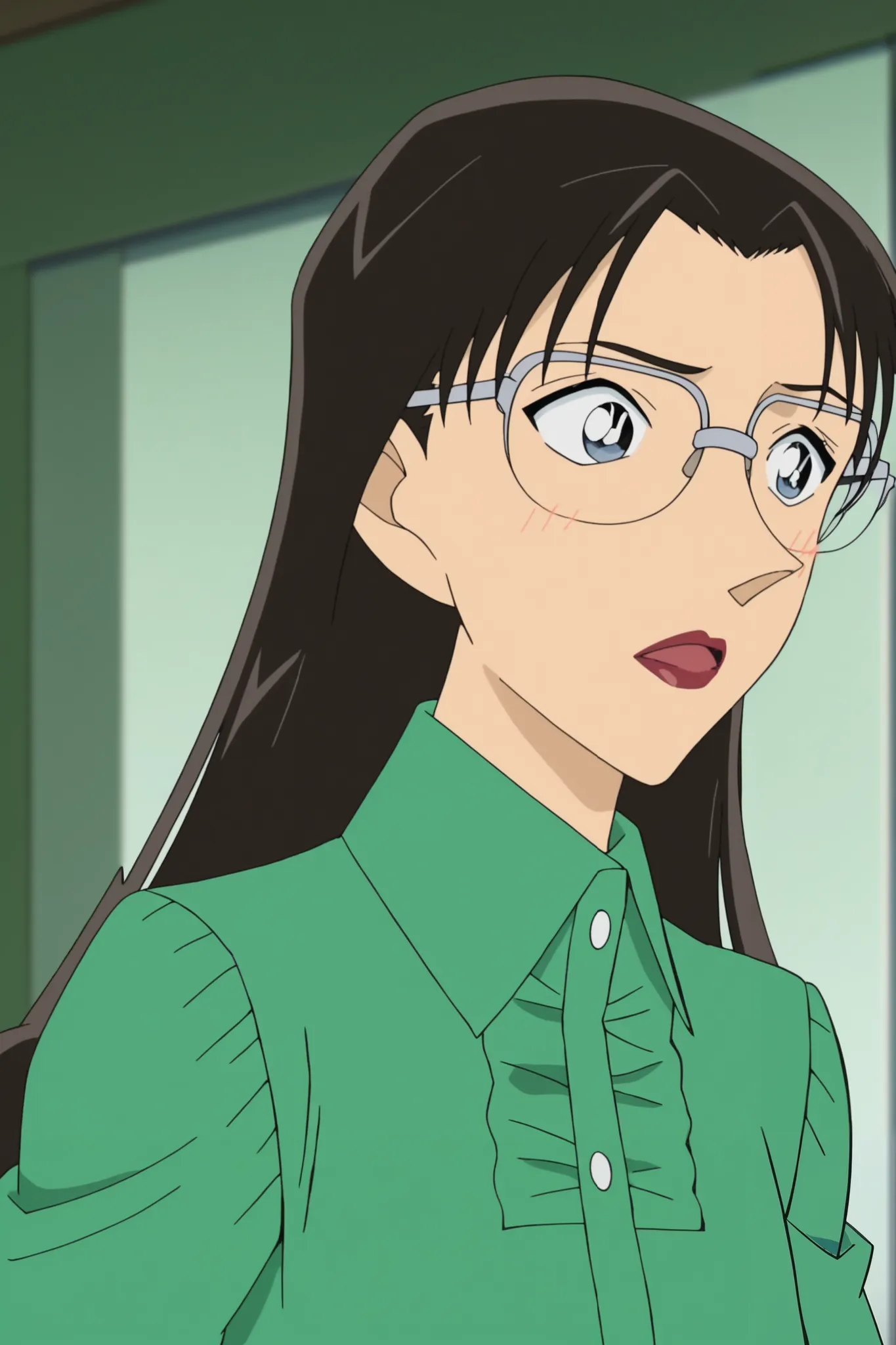 Source anime ,anime screencap ,high quality , masterpiece,grey glasses ,perfect blue eyes,blush ,red lips ,green shirt ,Anime-style illustration of a girl with long black hair, The hair frames the head naturally, flowing down with a slight curve near the e...