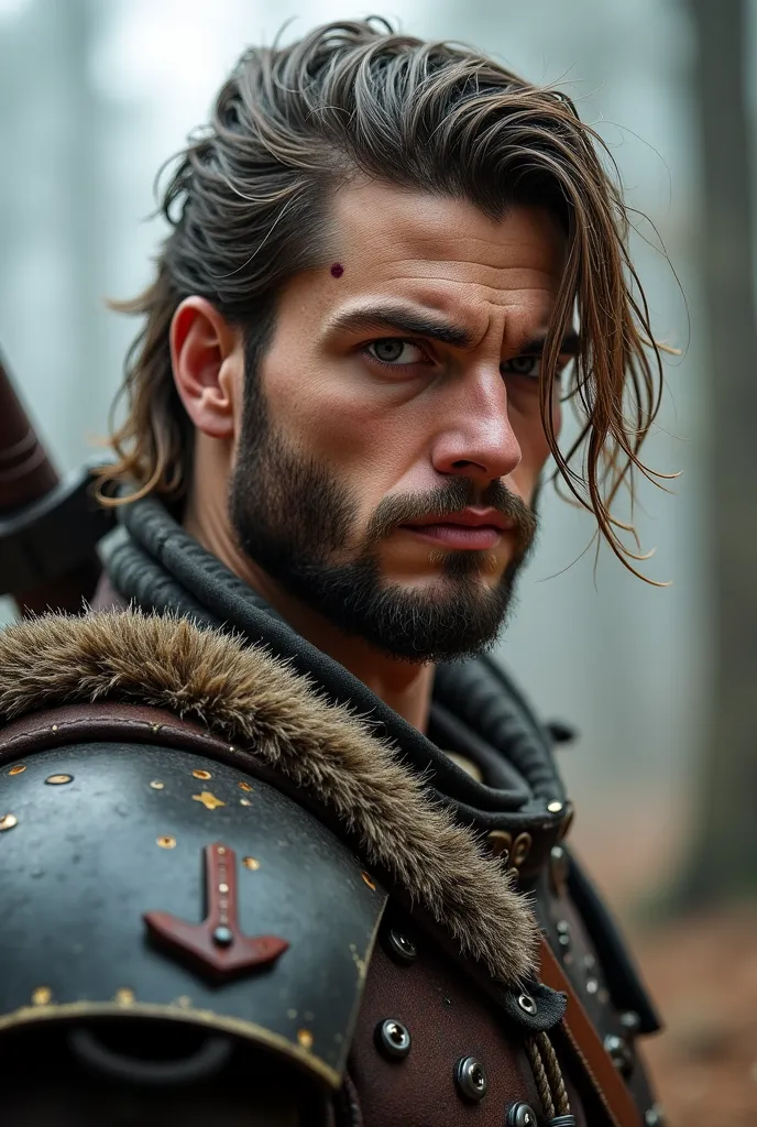 Turn this person into a mighty warrior, make his hair like in the image but longer and wavier ending at the neck, give him a goatee and prominent eyebrows, a scar on his left eye on the side, all while wielding a big axe