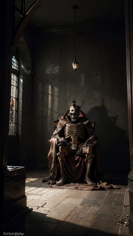 A dramatic and epic depiction of the Skeleton King, a fearsome and majestic figure, seated upon a throne of ancient bones and dark magic. His skeletal form is adorned with intricate, rusted armor, etched with cryptic runes that glow faintly with an eerie, ...