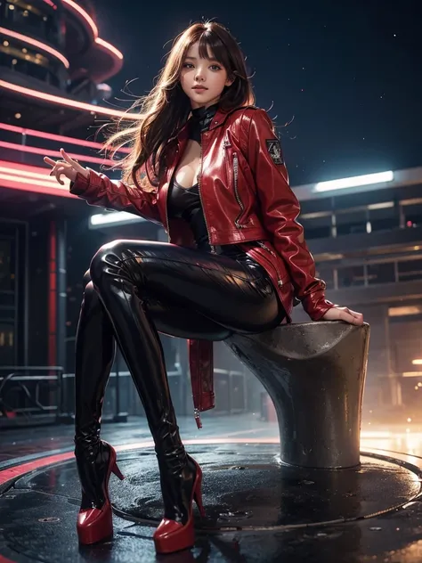 Female Middle School Student，smile，beautiful girl，is wearing a futuristic latex suit。is wearing a futuristic red leather jacket。hair hanging over ears，bodysuit,leather pants，So beautiful， super cute，long hair caught in a hole， colorful ,long hair caught in...