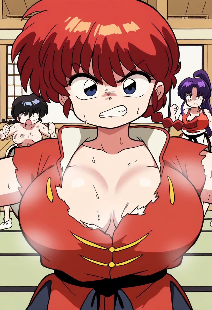  Ranma saotome , red hair, Hair with a braid, blue eyes, pechos grandes, NSFW, red shirt with yellow buttons, pantalon azul, purple makeup on eyelids, fighting pose, sweat, intense battle, dirty clothes and body,  torn clothes, tired, Japanese Dojo ,  body...