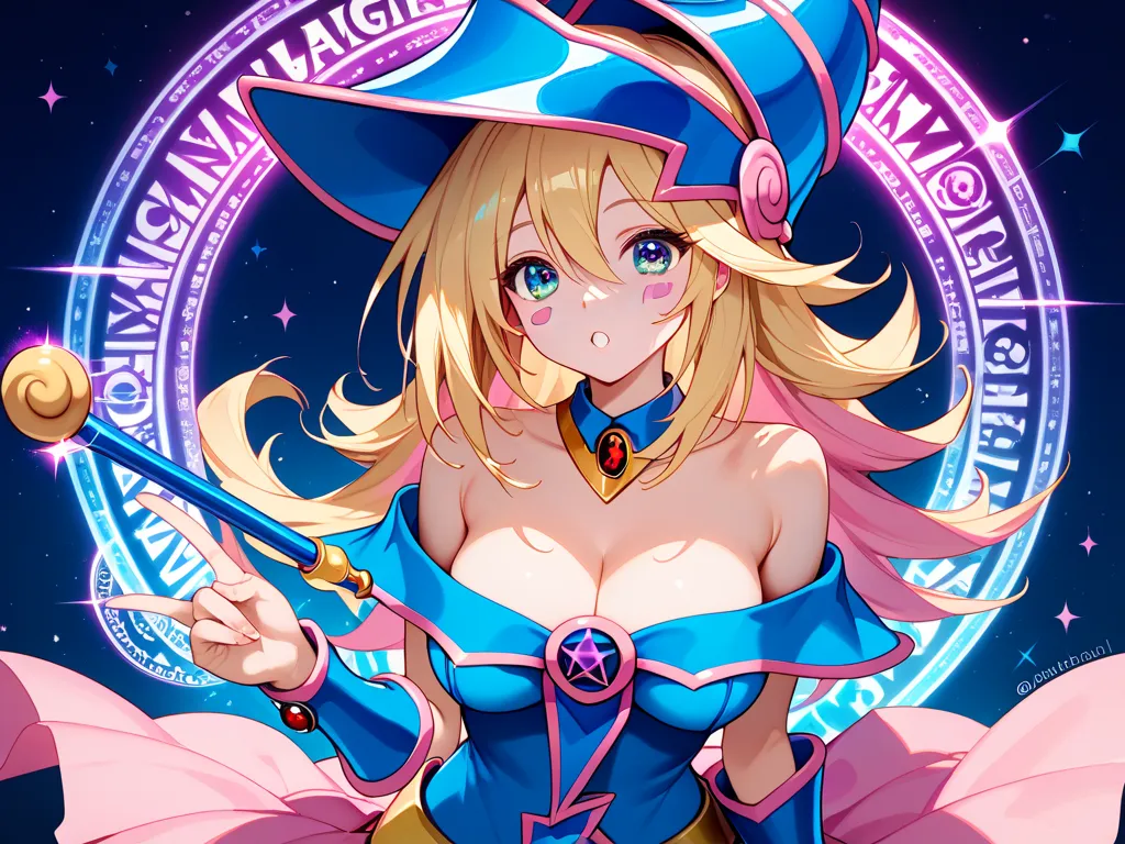 Black Magician Girl,Dark Magician Girl,Wizard hat,Blonde,Long hair,Blue eyes,Beautiful detailed eyes,Pink blush,Blue choker,Cleavage,Clavicular,Pink skirt,Holding a wand,Colorful,Glowing magic circle,Masterpiece,Top quality,High resolution,Very detailed