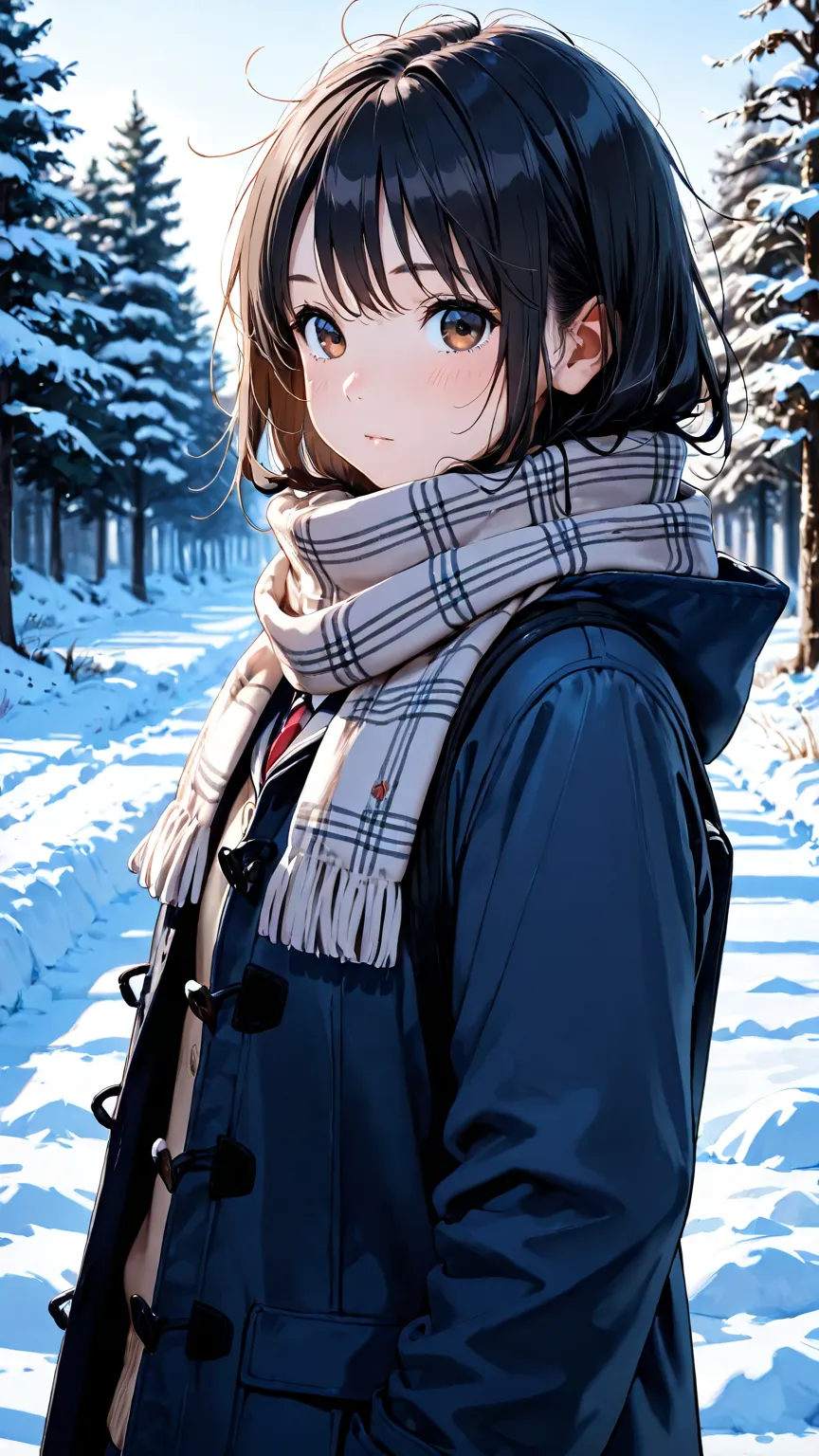  top quality，    black hair ， messy hair， brown eyes， eyes with highlights ， 1 girl，Winter landscape， School Student 