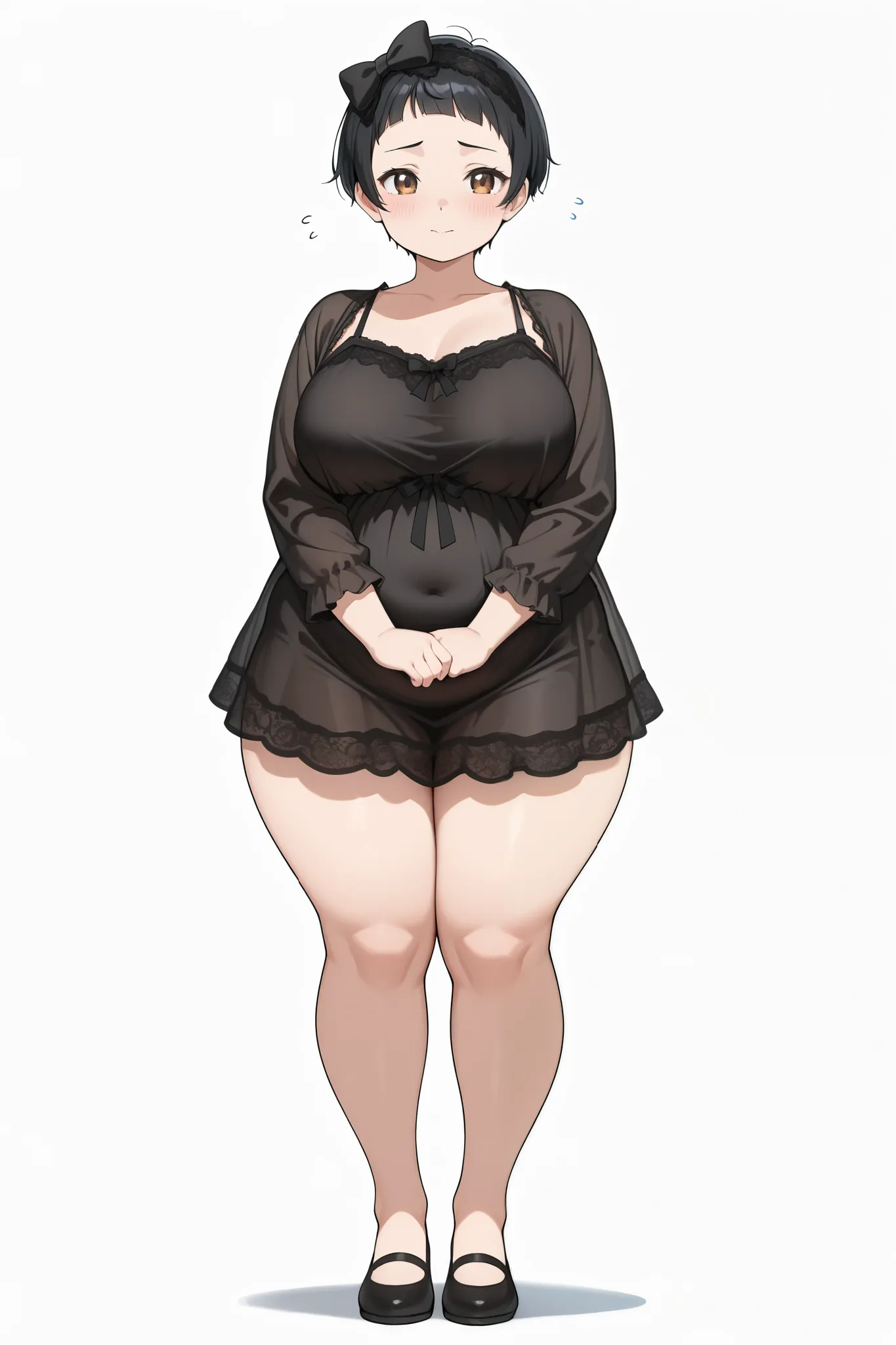 masterpiece, best quality, anime style, 1girl, very short hair, black hair, bow cut hairstyle, (short bangs:13), brown eyes, (black nightgown ), (black lace), (long sleeves), (chubby:13) (thick thighs) (black flats shoes) (single black bow on head) (chubby...