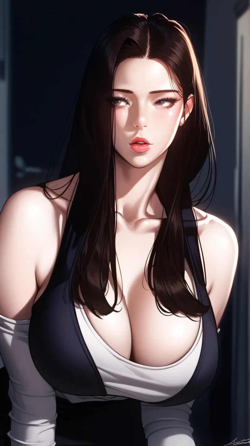 ((masterpiece)), Highest quality, Very detailed, master piece, best quality, score_9, score_8_up, score_7_up, source_anime,  long hair, dark brown straight hair, seductive eyes, very long hair, large breasts, collarbone, nsfw, Score_9, Score_8_up, Score_7_...