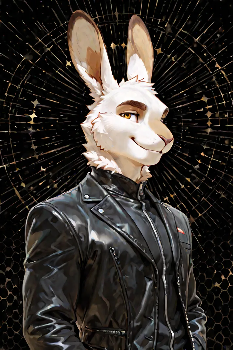 Hare, male, feminine, anthropomorphic, smiling, black background, side face, black jacket, Furry 