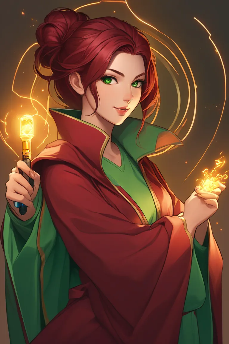 Tech-priestess, 30 years old, tall, with pale but healthy skin, and her face appears vivid. Her dark red hair is gathered into a messy bun, held in place by a screwdriver. She wears a burgundy-red robe. Her right eye is an augmetic, glowing green, while he...