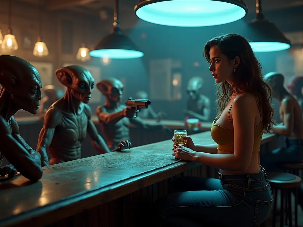 A Western-style bar, in the bar corner there is a piano and an octopus alien playing the piano, the bar with tables has aliens of various species pointing weapons at a trio of humans at the bar counter. A human is a captain Patricia is a woman of approxima...