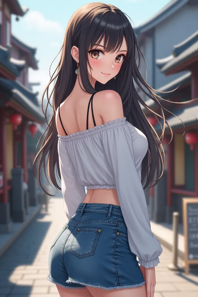 
(super realistic), (shape), (High Resolution), (8k), (very detailed), (Best shape), (Big beautiful double eyelids), (top quality), (very detailedな), (masterpiece), (wallpaper), (detailed face), Around town、off-shoulder white long sleeve、denim miniskirt fu...