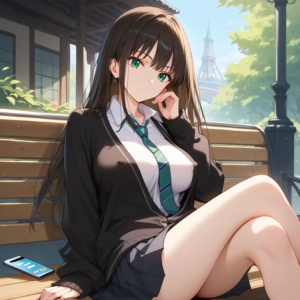 score_9, score_8_up, score_7_up, source_anime, rating_explicit,1girl, erect nipples, slim body, staring at a smartphone, smartphone in hand, sitting in a bench,expressionless, closed mouth, wide shot, station platform, BREAK big breasts,rin shibuya, black ...