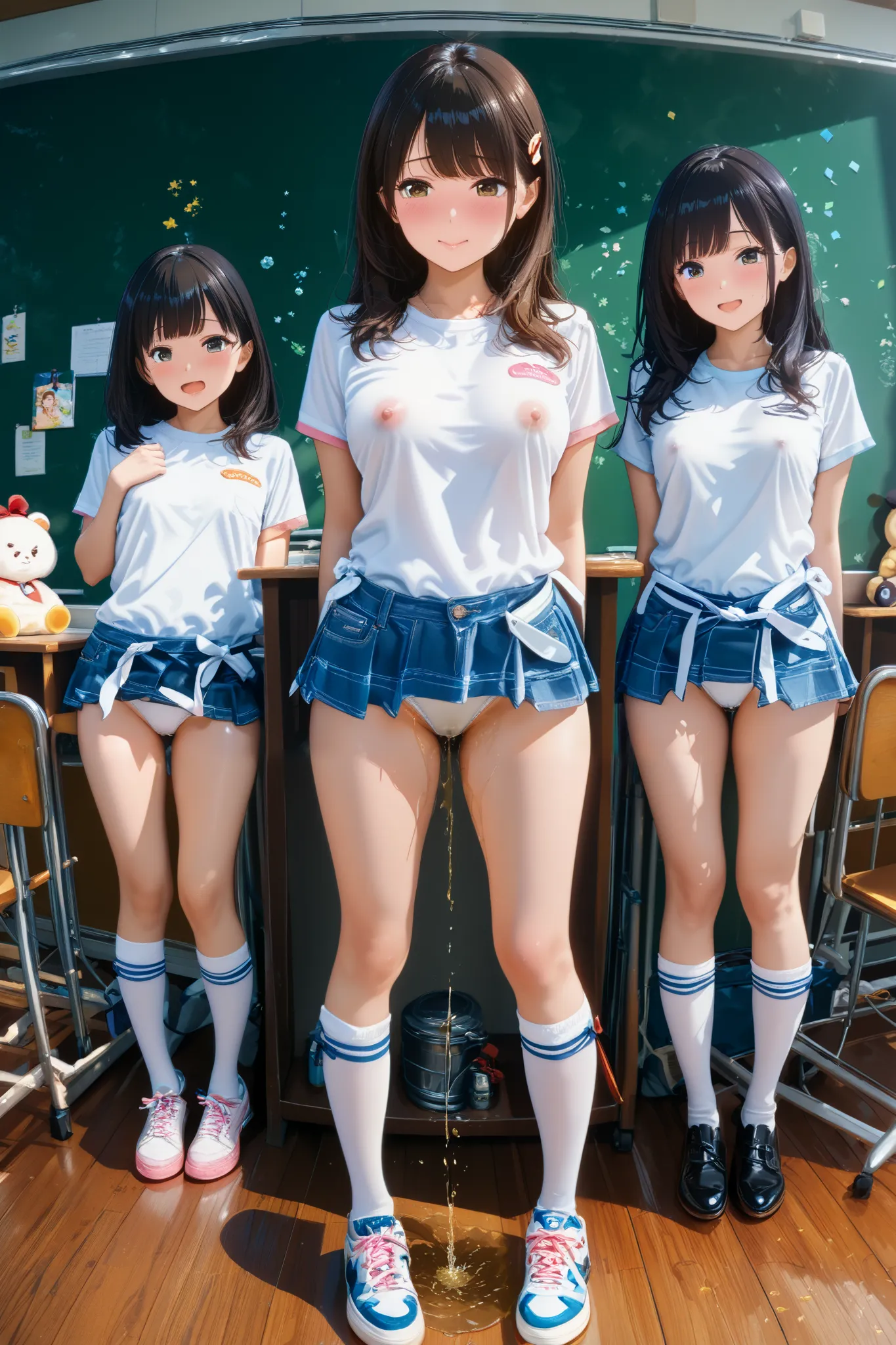 Kindergarten students、classroom、full body、is embarrassing、from all of them、pee、Micro Mini Skirt、Blushing、is embarrassing、 troubled face、white panties、nipple bulge、 ブロンドヘア、Top Quality, masterpiece, best image quality, High Resolution, 8k, 超A high resolution...