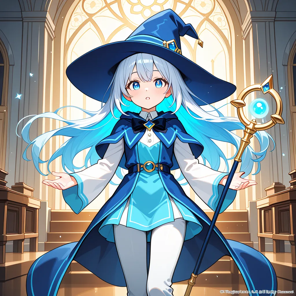 A young female mage in a fantasy world, 19 years old, slender build, with long silver-blue hair that’s slightly tangled and messy. She wears a simple, elegant tunic suitable for a magical academy, with flowing sleeves and light pants that allow for freedom...