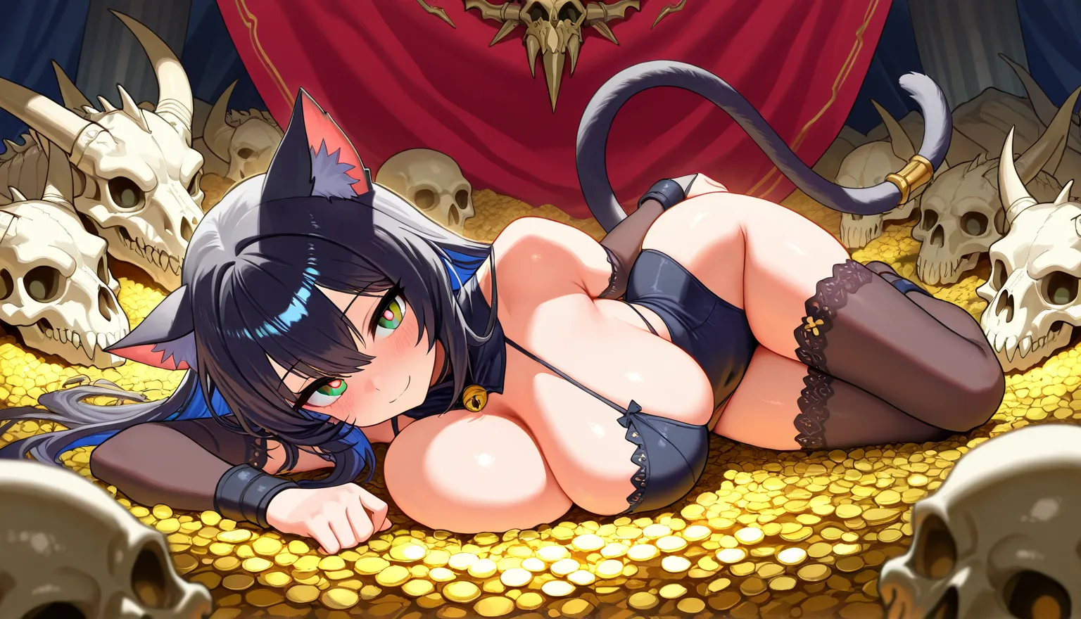 masterpiece,amazing quality,  best quality,ultra detailed,24K,Illustration,2 cute cat girls,   big breasts 1 .5, cat taile, cat ears, yellow pupils , lying on a huge dragon skull, surrounded by a large treasure,  dnddarkestfantasy