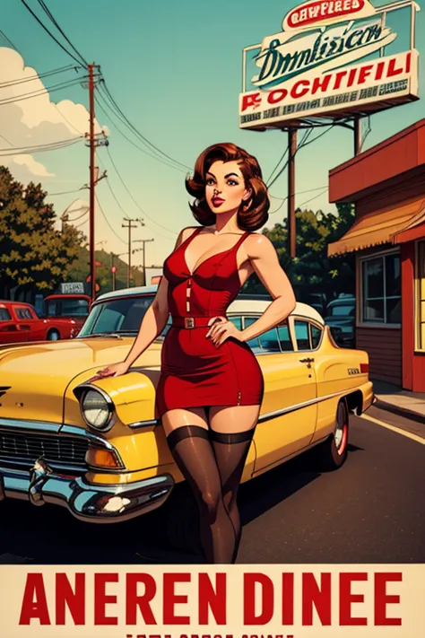 A vintage-style American diner advertisement featuring a retro pin-up woman in a red dress with black stockings and red high heels. She has short, wavy brown hair and is posing seductively in front of a classic red car from the 1950s. The background includ...