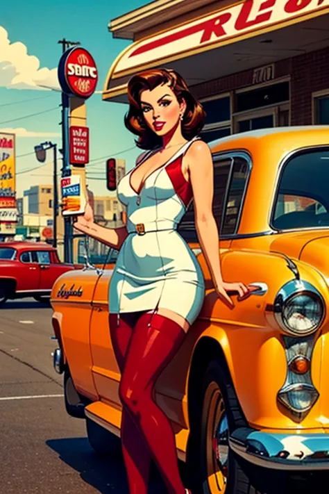 A vintage-style American diner advertisement featuring a retro pin-up woman in a red dress with black stockings and red high heels. She has short, wavy brown hair and is posing seductively in front of a classic red car from the 1950s. The background includ...