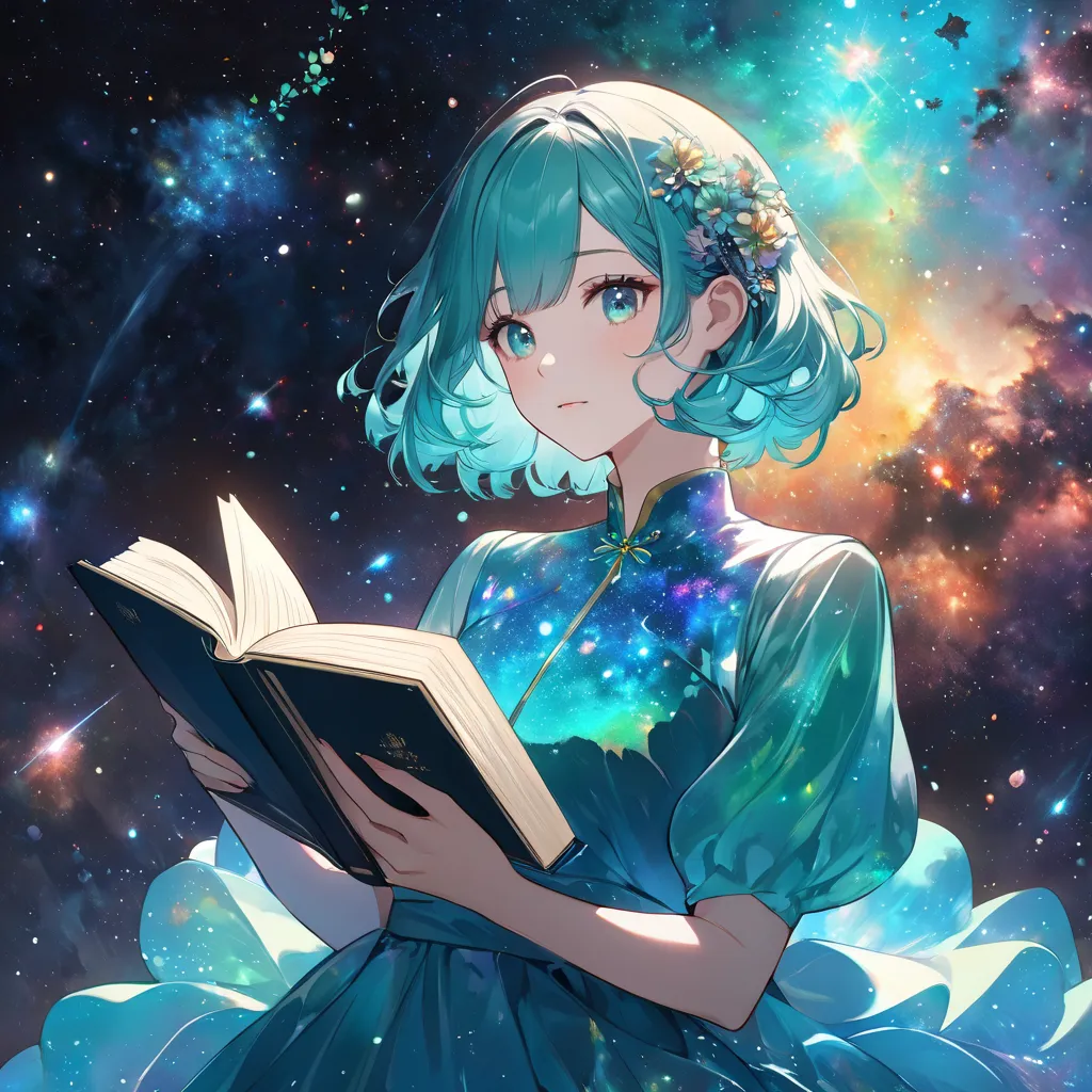 (quality, 걸작), 1 female, Reading a book , particle, , flower, Upper body,  simple background, watching viewers,  Iridescent Hair, turquoise short rich dress,  Orderly , nebula,  galaxy