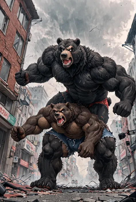 A very dominant  muscle bear black fur angry screaming with a strong and very  muscles with large black fur There is an old wound on his eye that wears and a torn shorts in A broken city stands on the main street, very angry, a perspective close to him Fog...