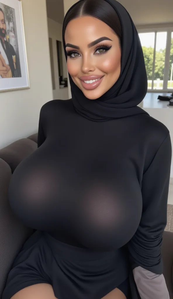 (high detail), (high resolution), ((((view of the upper torso)))), a beautiful European woman, pretty face, Instagram template, seductive beauty,  gray lipstick , full makeup, ((wearing stylish hijab)), ((huge breasts)), ((large breasts)), ((wearing black ...