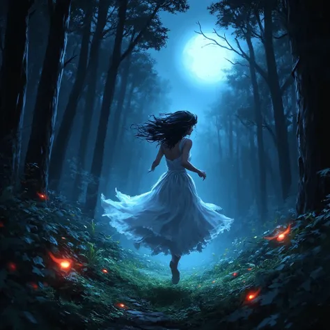 a young woman runing in thte forest with a dress, wwoods, moonlight. Trees. shadows in the dark following her with red-bright eyes . Landscape, 