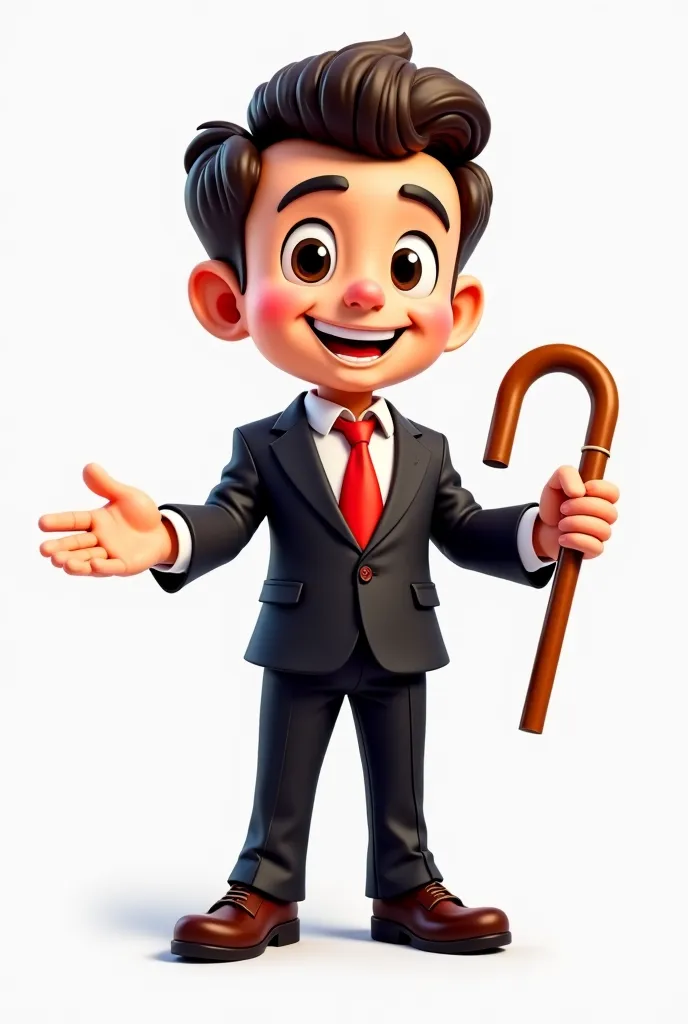 Please, create a mascot for a retail company called Dom Barcello, Use mainly the colors white, red and black. The mascot must be a human in a suit and cane, friendly and receptive with open arms,use the mascot of the reference company Casas Bahia 