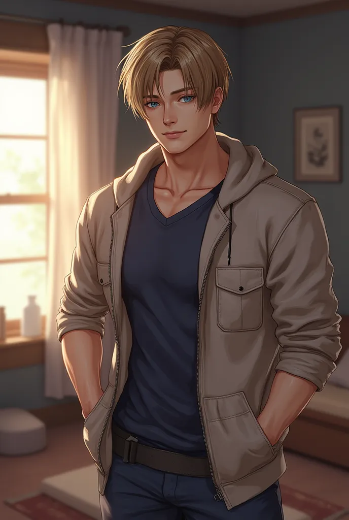 Leon Scott Kennedy, anime style, Muscular, mature man, blue eyes, In cozy home clothes, with a homely atmosphere in the background, sweet smile 