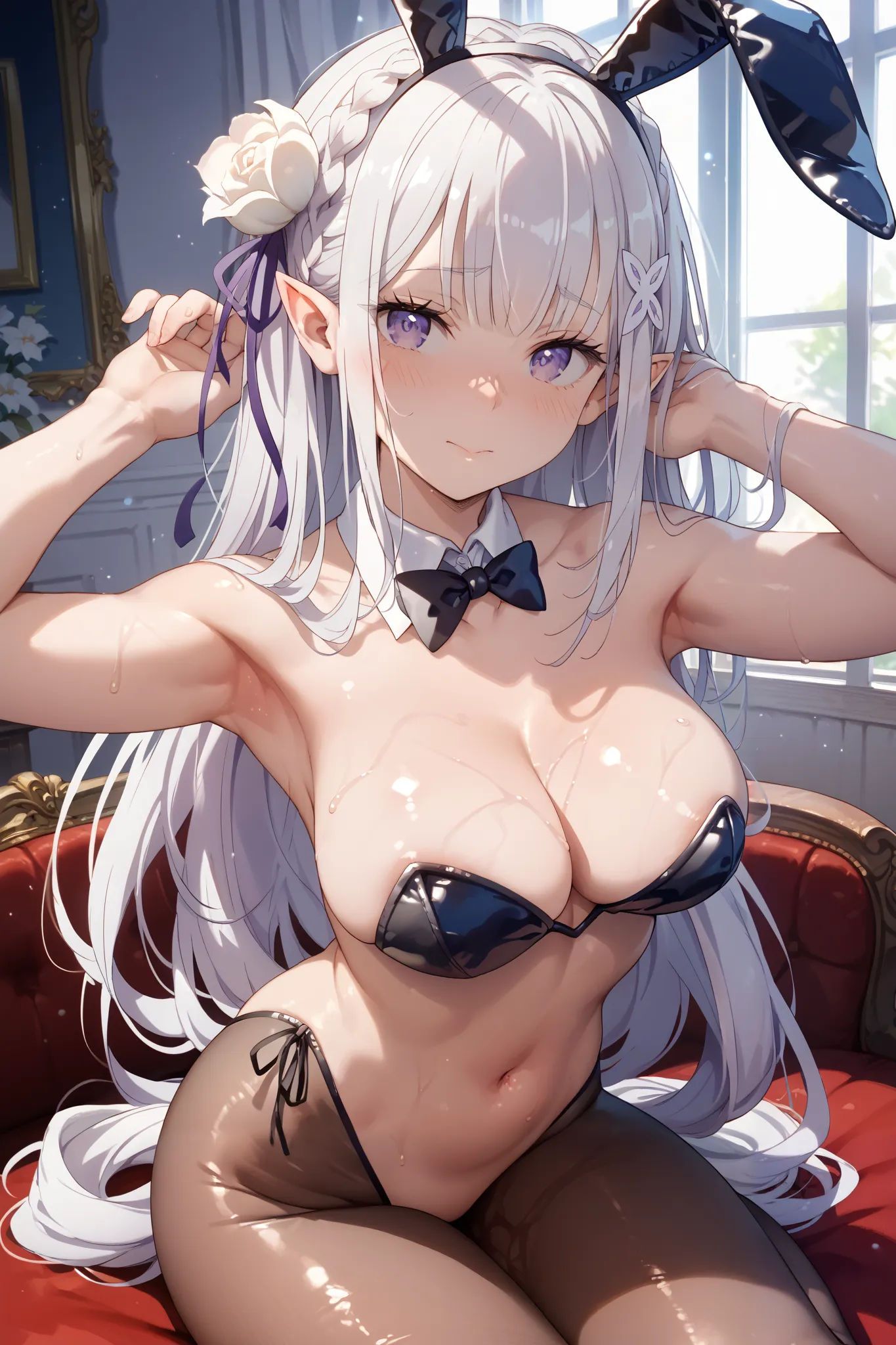 emilia, purple eyes, white hair, long hair, blunt bangs, hair ornament, braid, hair flower, pointy ears, Tempting body, glossy skin, medium breasts, glistening skin, bunny suit, playboy bunny, sexy pose, blush, shy, Pose seductively, Posing provocatively, ...