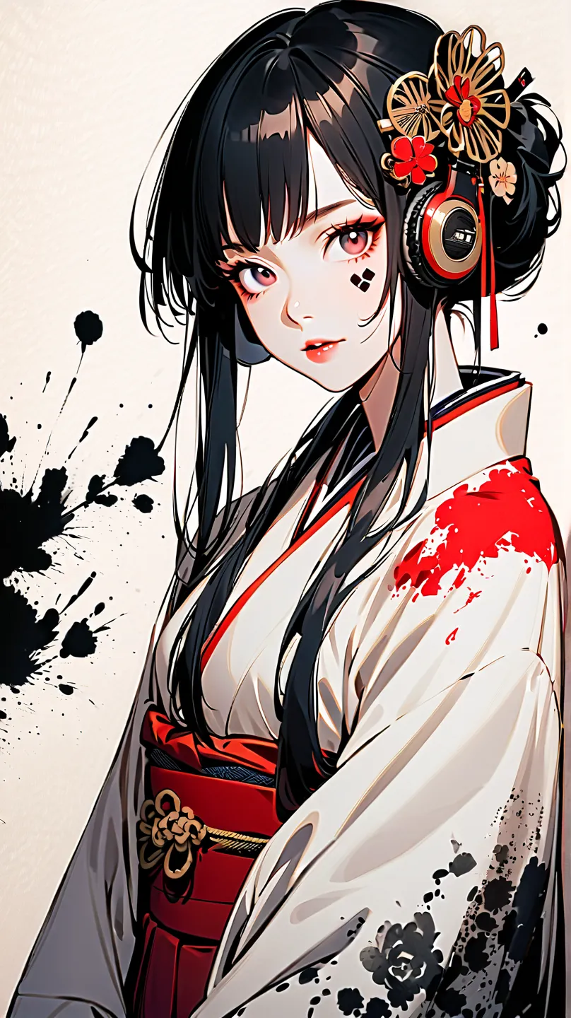 (((Ink painting))),  fashion portrait color photography, (((1 girl))), (((face tattoo))), ((( Gorgeous Hair Ornaments ))), Japanese style headphones, face up, Japan人の美少女,   black hair, Delicate and precise,Japan, Japanese flag