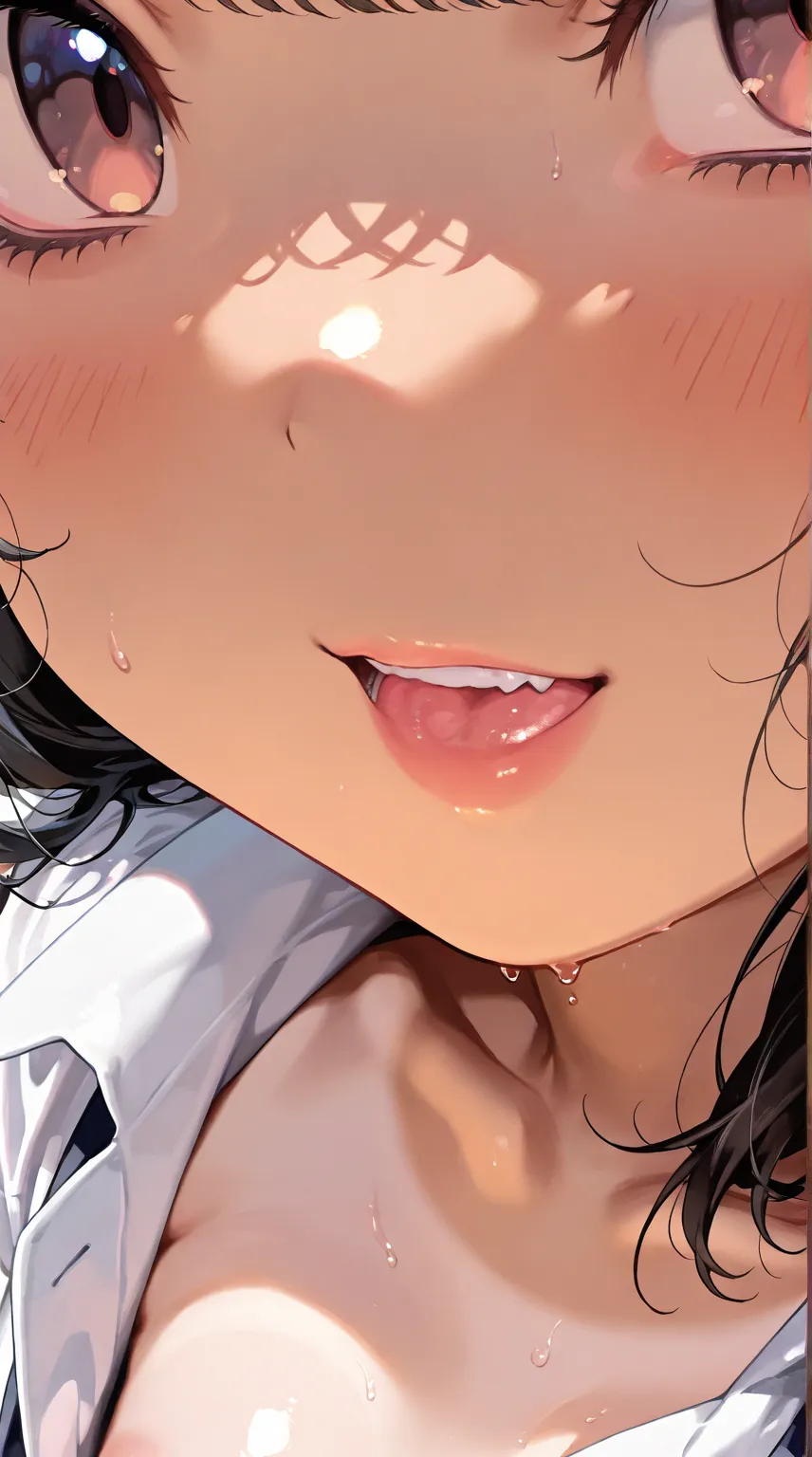 gyaru, 1girl, loli, black hair, light skin, small breasts, face close_up, look at viewer, tan,