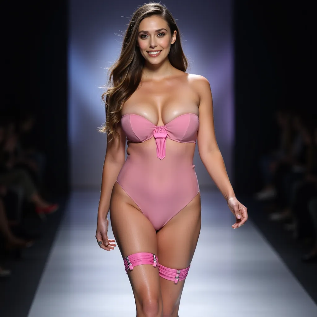 She is on a runway parading, Full body camera, she is wearing an outfit that only covers the mescessario, o look e fita isolante pink latex, She has high heels with braces that go up to the ankle, she is happy, naughty face,seductive 