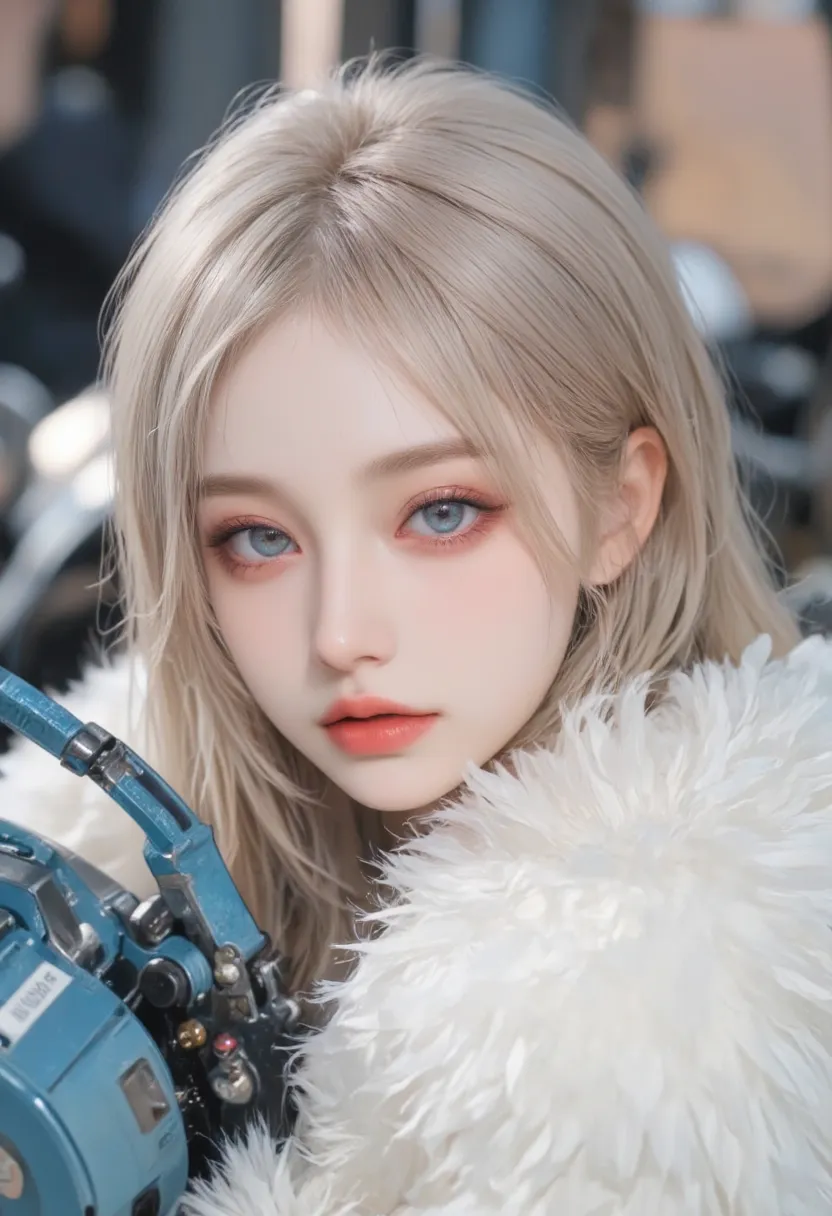 8k, masterpiece, top quality, close-up,  pale skin, light blond, light blue eyes, red lips,  serene expression,  blue mechanical parts , hugging, by the fluffy, Soft and Diffused Lighting, blurred background, ethereal, Dreamy , Fairytale, otherworldly.