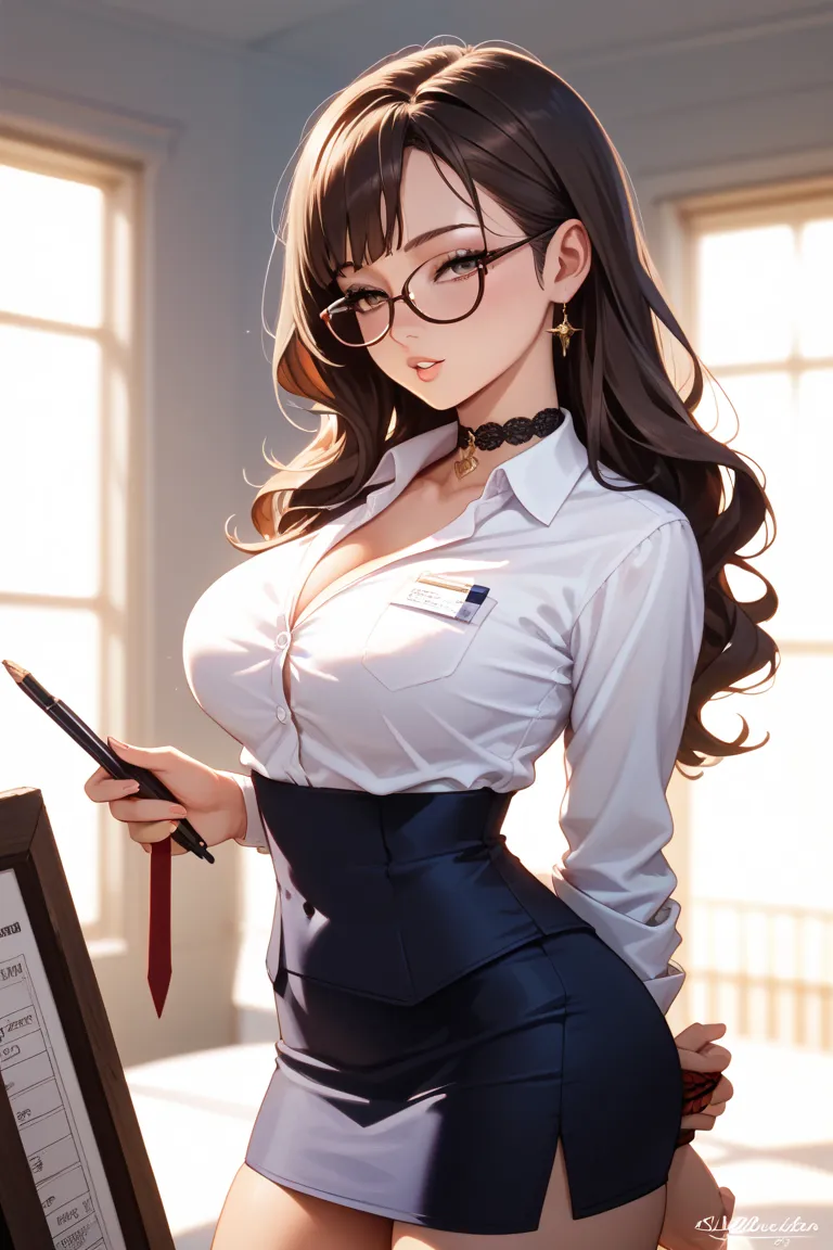 masterpiece,  source_Hentai, top quality, great quality, very aesthetic, High Resolution, very detailed, Lighting, colorful, absurd,  latest,
1 girl, Beautiful Secretary, expressive eyes, upper body, detailed face, beautiful face, Tied up black hair, brown...