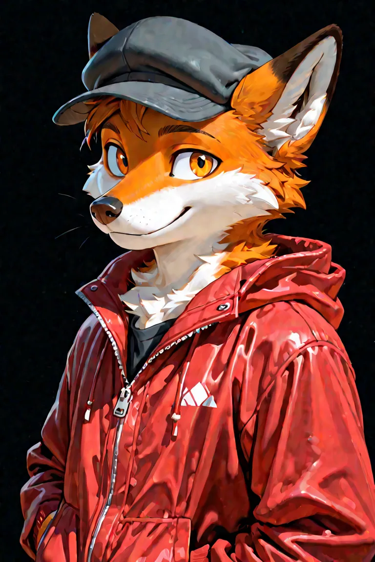 Fox, male, feminine, anthropomorphic, smiling, black background, red jacket, flat cap, furry