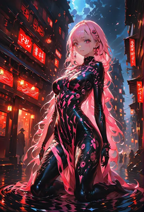 Full body image (((full body view)))a  Stunningly gorgeous  Spidergwen, white with logo dress, curvy body, looking over her shoulder, kneeling in the rain, fallen hero, wearing hero silk bodysuit wet from rain, night scene, photorealistic photography, illu...