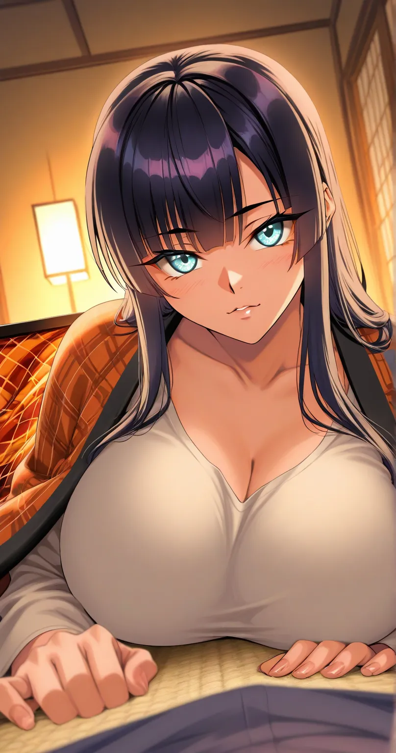 score_7_up , score_8_up , score_9, one girl, anatmically correct, detailed eyes, detailed skin, large breast, looking at the viewer, Kagami Hirotaka Style , From above, Japanese-style room, Warm Light, Kotatsu, 