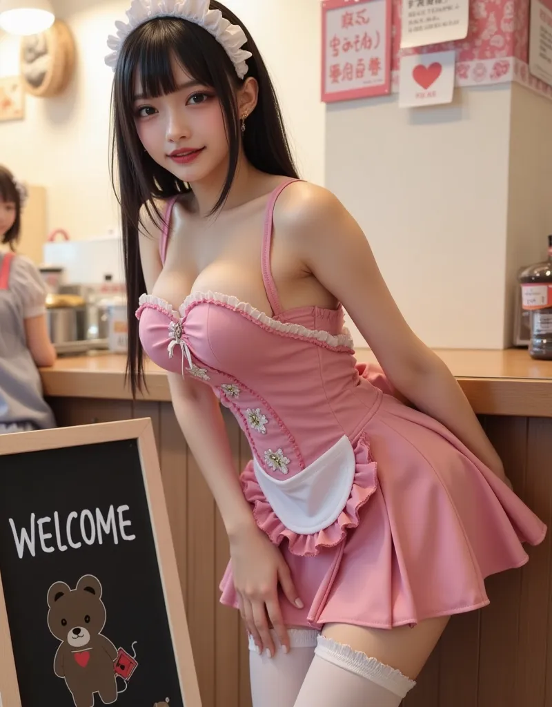 A maid cafe employee has arbitrarily doodled a cute bear in red chalk on a lovely blackboard welcome board that was completed by a designer with white chalk. A girl with black hair and a hime cut is wearing a pink miniskirt maid uniform. She is bending ove...