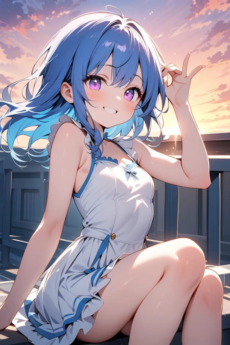 1girl, (A playful and mischievous high school girl with short, vibrant blue hair and soft lavender eyes, her gaze dreamy yet filled with a teasing glint, wearing a cute one-piece dress, sitting on a school rooftop with her legs playfully swaying, the sunse...