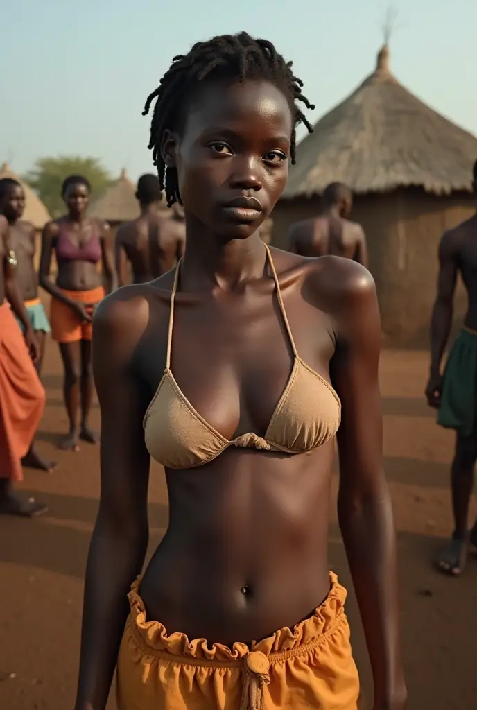 An ugly, angry, short, naked African woman with dark black skin, short hair, and her big breasts are hanging down. She sits naked on the lap of a young African woman with black skin and includes her inside a hut