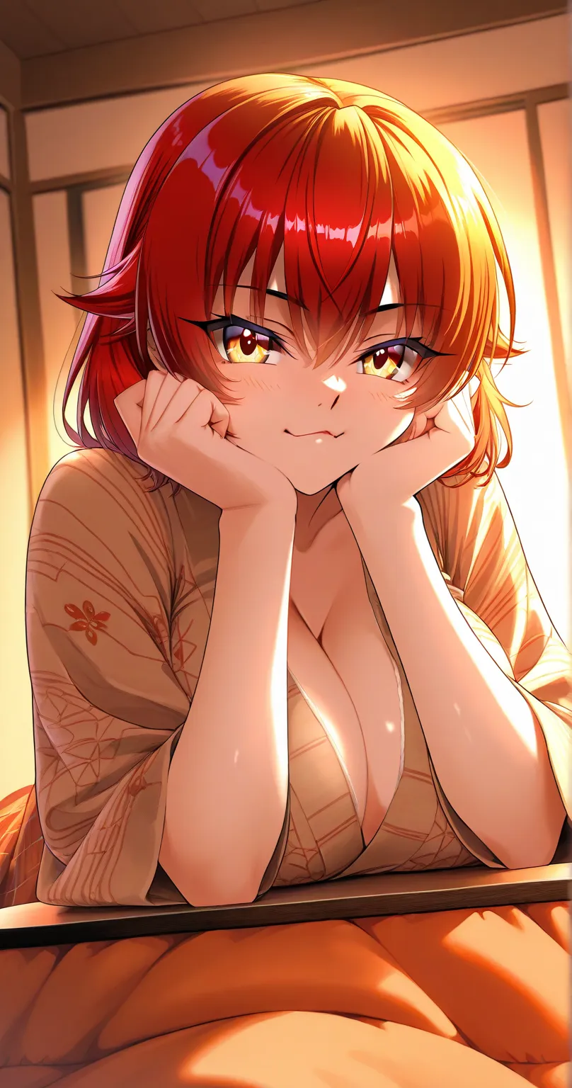 score_7_up , score_8_up , score_9, one girl, anatmically correct, detailed eyes, detailed skin, large breast, looking at the viewer, Kagami Hirotaka Style , Japanese-style room, Warm Light, Kotatsu, Cheek resting on hand, 